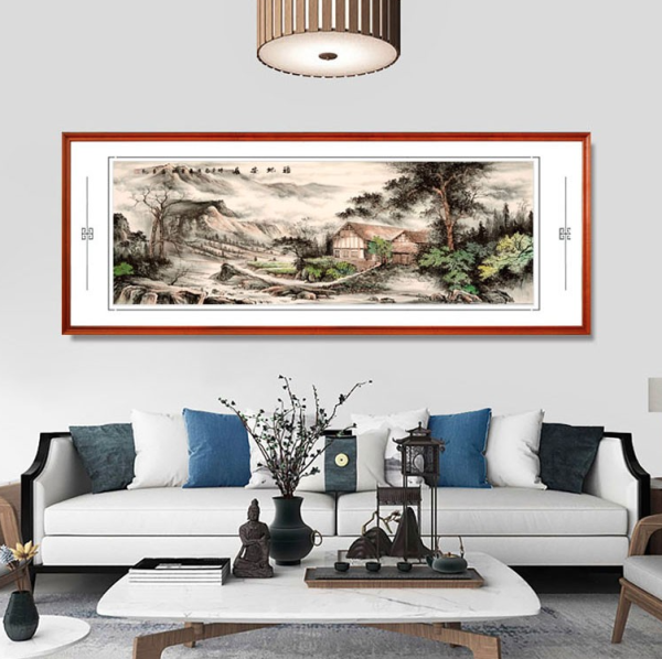 hongyan泓砚周雪桂山水画福地安居a款217x83cm宣纸黄杨柚木色