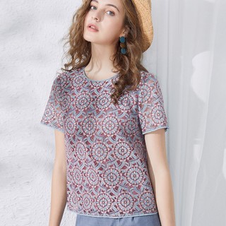 夏季甜美风圆领短袖花卉短袖T恤衫时尚百搭气质上衣女 2XL 蓝紫色