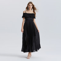 夏装一字肩气质雪纺连衣裙仙女裙 S 黑色