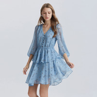 春夏灯笼袖雪纺碎花连衣裙仙女裙 XL 浅蓝