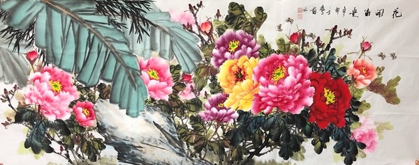 国展精品 梅湘涵国画 小六尺牡丹 69x180cm