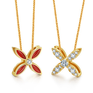 leysen 莱绅通灵 女王系列 双面花形18k黄金玉石钻石吊坠 5分 1.3g