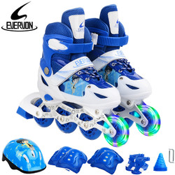 EVERVON 轮滑鞋儿童溜冰鞋男女童旱冰鞋KJ-337蓝色附护具头盔M号适35-38码