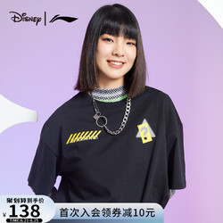LI-NING 李宁 短袖女2021夏季新款迪士尼联名黑色纯棉t恤宽松半袖运动上衣