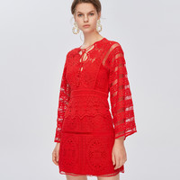 夏季纯棉镂空绣花系带高腰长袖蕾丝女士连衣裙两件套 XL 大红