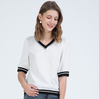 2021夏季新款简约休闲V领常规款五分袖女式T恤衫 XL 白色
