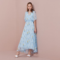 夏季v领收腰印花仙女长款雪纺连衣裙 XL 蓝色