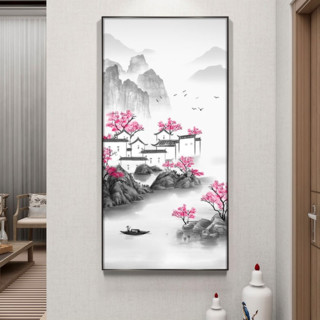 轩色 新中式走廊意境山水玄关装饰画 A款 50x100cm 油画布 黑色铝合金画框