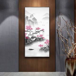 轩色 新中式走廊意境山水玄关装饰画 A款 50x100cm 油画布 黑色铝合金画框