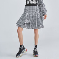 夏季高腰荷叶边格子女士半身裙 S 黑/白
