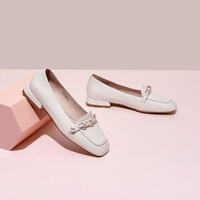 【专柜同款】2021年秋新款牛皮方头粗跟低帮乐福鞋女休闲鞋 36 米白色牛皮革