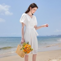 【2021夏新款】V领灯笼袖连衣裙高腰中长款裙子显瘦裙子 XL 白色