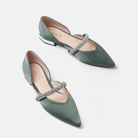接吻猫2021夏季新款时尚舒适平底鞋水钻甜美玛丽珍时装单鞋女 39 绿色丝绸牛皮革