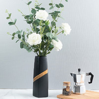 华达泰陶瓷 现代简约黑色花瓶套装 简约花瓶黑色大号+1束尤加利2束白牡丹
