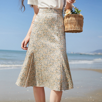 撞色碎花半身裙2021年夏新款女装时尚印花中长款高腰鱼尾裙 M 粉桔