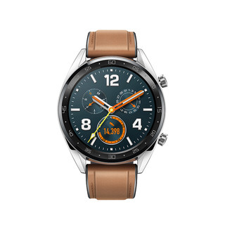 HUAWEI 华为 Watch GT 时尚款 智能手表 46mm 黑色陶瓷表圈 棕色皮胶表带（北斗、GPS、NFC）