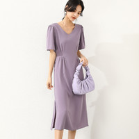 【轻熟风】气质V领连衣裙女夏21年新款法式开叉系带显瘦长裙子 L 紫色