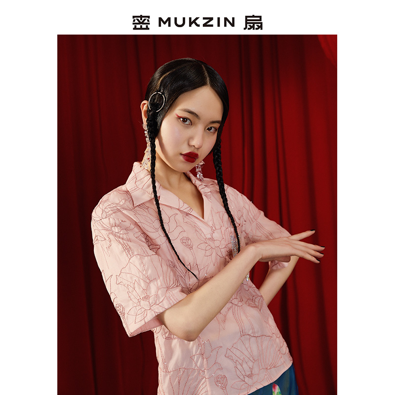 密扇2021夏季新款粉色少女绣花上衣精致水钻标短袖衬衫女短款上衣 M80222003 藕粉色 S