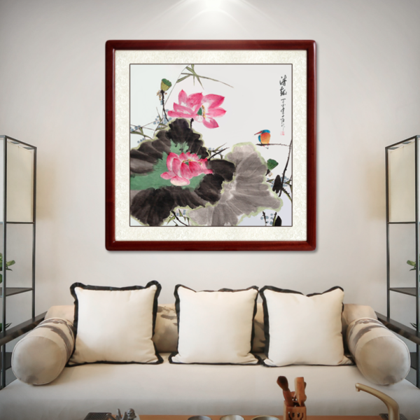 尚得堂子恒手绘荷花水墨山水画清趣装裱50x50cm宣纸沙比利实木框