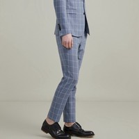 男装夏季时尚窗格商务西裤男式休闲裤子男 33 蓝色组