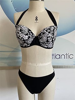 ATLANTIC BEACH 女式运动两件套泳衣高腰泳装条纹高衩运动泳装 黑色//白色 40