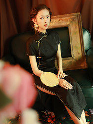 黑色旗袍改良少女年轻款复古老上海中国风性感修身日常连衣裙长款
