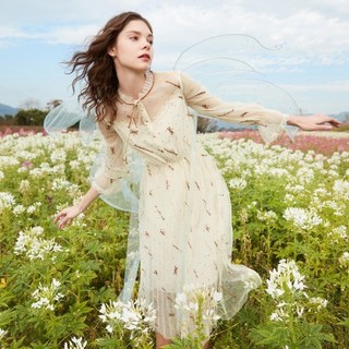 xiangying 香影 女士网纱中长款连衣裙 Q811104 米色 M