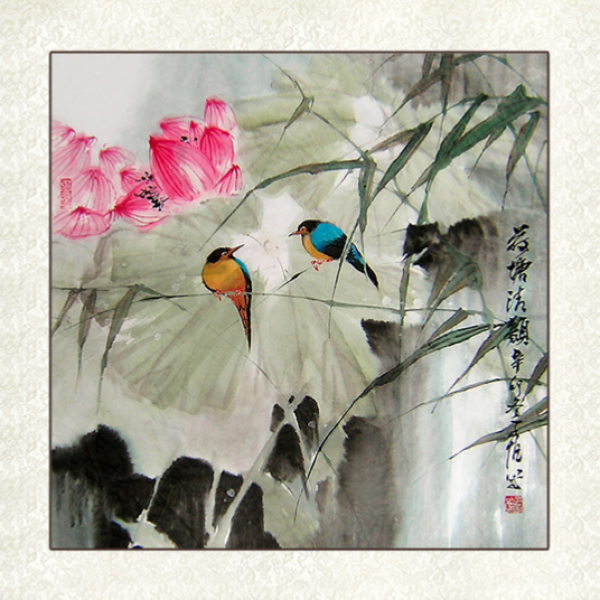 尚得堂子恒荷花花鸟画荷塘清颜50x50cm宣纸植物花卉装饰画