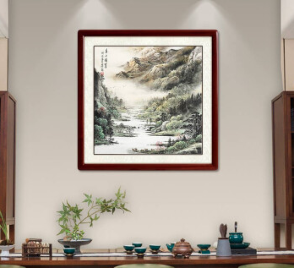 尚得堂 墨翁 手绘山水画水墨画《春山凝翠》装裱65x65cm 宣纸 沙比利