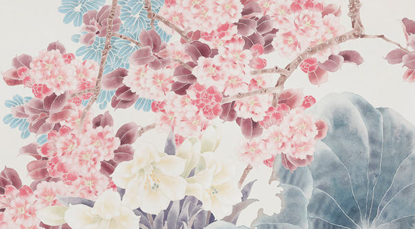 橙舍 戴志文 花卉工笔画国画《百花争艳》装裱90x180cm 宣纸 雅致红褐