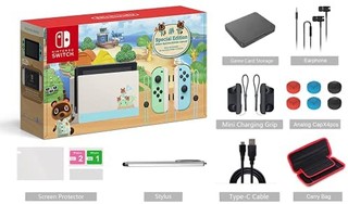 Nintendo 任天堂 Switch Animal Crossing: New Horizons Edition 32GB 控制台套装,淡*和蓝色 Joy-Con,6.2 英寸触摸屏液晶显示屏,家庭和节日礼品,W/ GM 14 合 1 Supper Kit Case