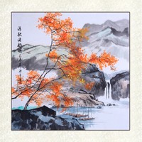 尚得堂 梁芳 纯手绘国画山水画《清秋泊船》装裱50x50cm 宣纸 手工绫绢装裱