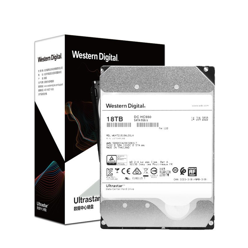 西部数据 企业级氦气硬盘 Ultrastar HC550 SATA  CMR垂直 7200转 512MB (WUH721818ALE6L4)