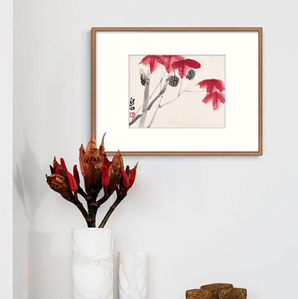 省60元】橙舍齐白石植物花卉水墨画《红叶秋蝉》装裱60x80cm 宣纸
