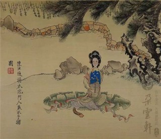 朶雲軒 陈洪绶 人物风景木版水印国画《纨扇仕女图》画芯27x31cm 绢本 深卡布色