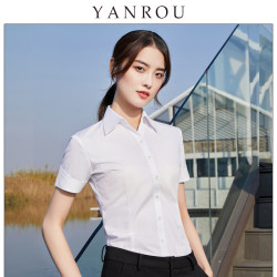 斜纹V领白色衬衫女短袖职业2021夏季新款修身正装工作服工装衬衣
