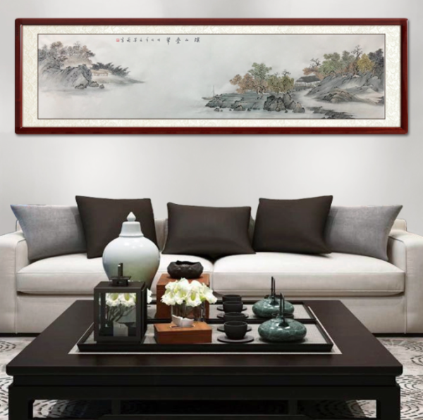 尚得堂 墨翁 手绘山水画水墨画《溪山叠翠》装裱156x46cm 宣纸 手工绫