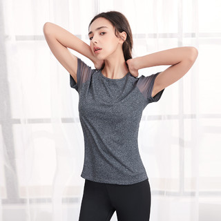 高端健身房轻薄透气健身衣运动上衣女性感圆领紧身瑜伽服短袖T恤 M 花灰色