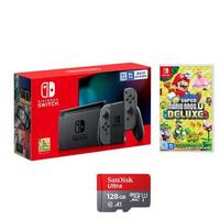 Nintendo 任天堂 Switch 国行续航版增强版 游戏机 灰色+新 超级马力欧兄弟U 豪华版 游戏实体卡+128G闪迪卡