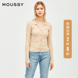 MOUSSY 摩西 春秋新品纯色翻领罗纹修身针织开衫女010DAT70-5530