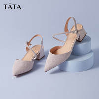 Tata/他她2021夏专柜同款亮片布尖头后空凉鞋百搭方跟女 37 银粉