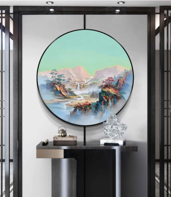 轩色原创新中式手绘油画a款5050cm风景圆形现代家居挂画走廊壁画