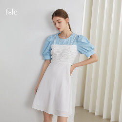 FANSILANEN 范思蓝恩 2021年夏季新款韩系假两件连衣裙女高腰修身显瘦中长裙子 蓝白拼色 XS