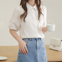 韩版薄款泡泡袖上衣女夏季设计感小众修身学院风收腰短袖 M 白色