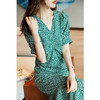 【夏末特惠】女式优雅V领收腰系带设计短袖连衣裙 S 绿色