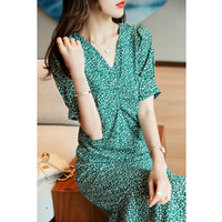 夏季女式优雅V领收腰系带设计短袖连衣裙 绿色
