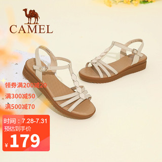 CAMEL 骆驼 女鞋 波西米亚风柔软牛皮细带丁字搭扣坡跟凉鞋 A125046301 米色 37