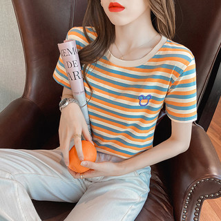 棉弹彩虹条纹T恤拉夏贝尔旗下2021夏季圆领港味刺绣休闲体恤 M 橙色