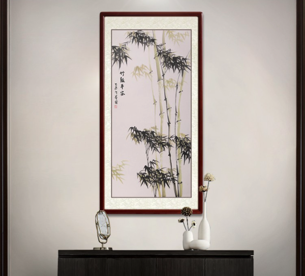 尚得堂 墨翁 手绘国画《竹报平安》65×125cm 宣纸 沙比利实木框 中式装饰画水墨画