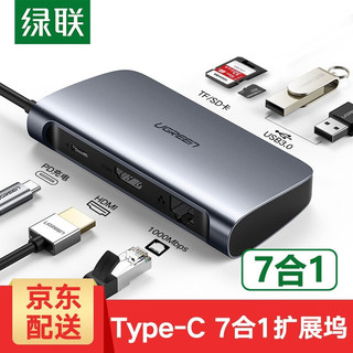 绿联Type-C扩展坞USB-C转HDMI/VGA转换器雷电3拓展坞分线器适用华为苹果MacBook 7合1 HDMI+网卡+读卡款（50852） 标配